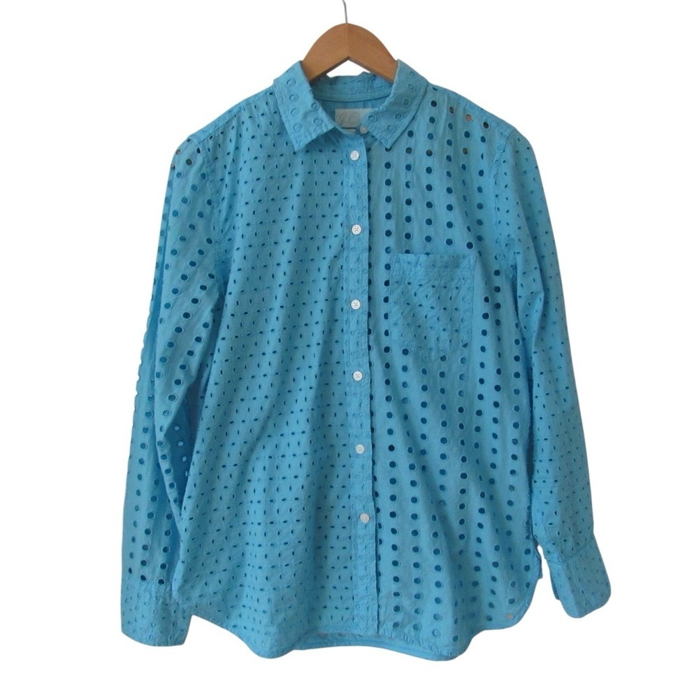 J Crew Classic Fit Button Down Shirt In Eyelet 8 Turquoise Blue Cami Long Sleeve